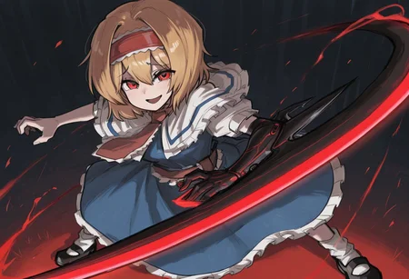 best quality, high quality, hires, 
1girl, solo, hinase (cookie), (alice margatroid:0.5),
hair between eyes,
short hair, blonde hair,
red hairband,
white capelet, frilled capelet,
red necktie, frilled necktie,
blue dress,
red sash, frilled sash,
white socks,
mary janes,
bois de justice, weapon, arm blade,
smile, open mouth, raised eyebrows,
looking at viewer, dynamic pose,