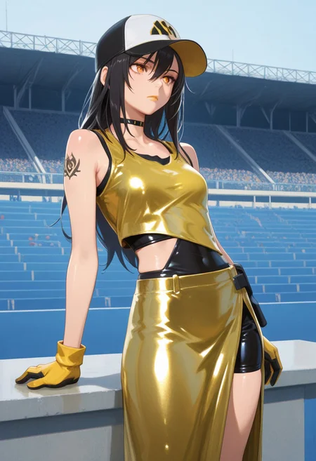 absurdres, masterpiece, best quality, very aesthetic, HDR, 8K, ultra-detailed, anime, 748cmstyle, standing, outdoor, podium,
1girl, SHSaeko, Outfit2, solo, long hair, black hair, hair between eyes, orange eyes, golden lips, lipstick, choker, tattoo, jewelry, baseball cap, bare shoulders, sleeveless, midriff, bike shorts, yellow gloves, yellow dress, yellow skirt, long skirt, black crop top, black shorts, skinny, skindentation, shiny skin, shiny outfit, expressionless