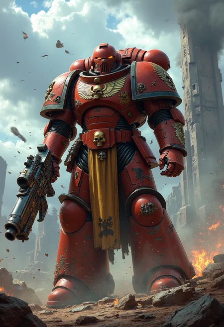 A towering imperial fists Warhammer 40k Space Marine in full ceramite power armor, standing amidst a war-torn battlefield with a bolter pistol and a chainsaw-sword.
