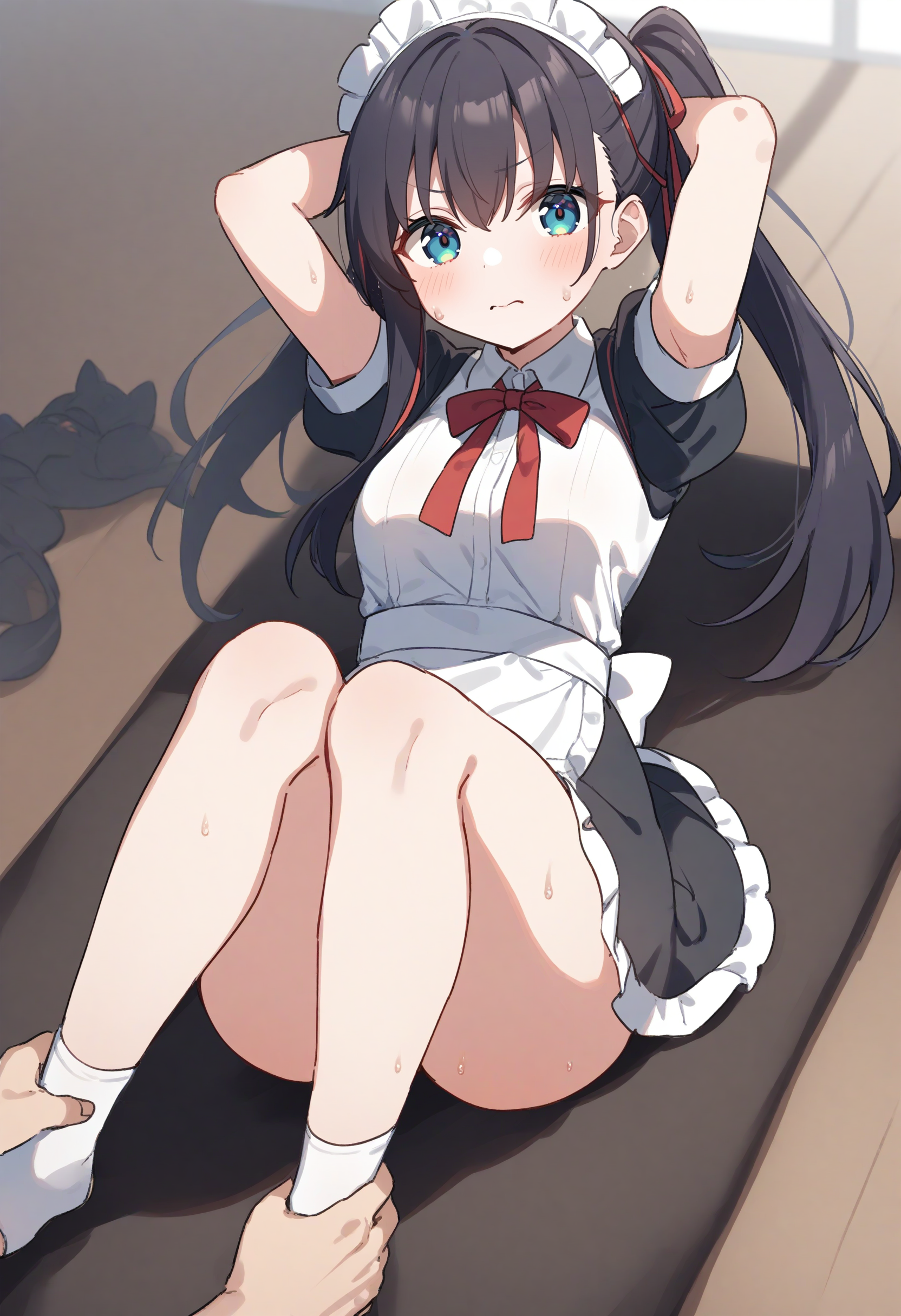 1girl,sincos, ningen mame, toosaka asagi,solo,medium breasts,20yo,maid,maid headdress,
sit-up, arms behind head, arms up, sweat, sitting, armpits, exercise, knees up, sweatdrop, thighs,<lora:sit-up_XL_v1:0.8>
pov hands, leg grab, ankle grab, holding another's foot,
dutch angle, wide shot, looking ahead, purple hair, green eyes,doyagao, closed mouth, topknot hair,,
best quality, very aesthetic, absurdres