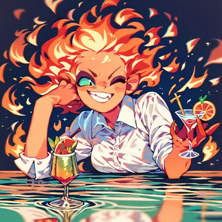 score_9, score_8_up, score_7_up, bartender girl, (wiggling little fire elemental in the cocktail glass:1.6), high resolution, best quality, light brown skin and white shirts, low light, wink, flame body