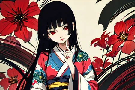 enma ai, hair down, hair black, bangs, eyes red, masterpiece, best quality, ultra-detailed, illustration, 1girl, solo, highres, photorealistic, ultra high res, (Original illustration composition), (fusion of limited color,Maximalism artstyle, kimono obi fashion, double exposure, background, illustration, Amazing, lily spider, night darkness, open one's mouth, middle finger show