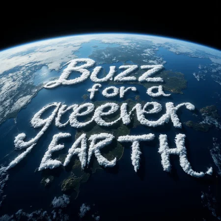 ((aidmaimageupgrader)), “A hyper-realistic, ultra-high-definition view of Earth from space, capturing the planet against the vast, dark expanse. Across the curvature, sweeping white clouds form a striking message: ‘Buzz for a Greener Earth,’ their letters gently swirling over the blue oceans and green continents below. Each cloud-letter is naturally wispy yet distinct, as if shaped by the planet’s winds, catching sunlight along their soft edges. The focus is on the Earth’s beauty and fragility, with the message blending into the natural patterns.”