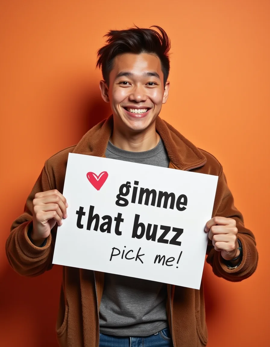 Eager young adult woaman, "gimme that buzz" holding sign text, "pick me" sign text