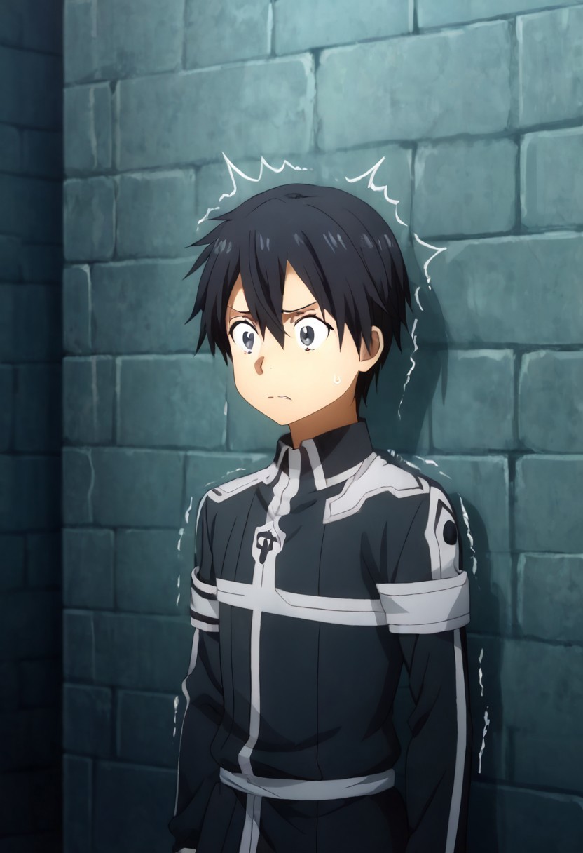 high resolution, solo, best quality, 1Boy, Kazuto Kirigaya, Black Hair, Black Eyes, Huddled in corner, shaking, anxious, vulnerable,