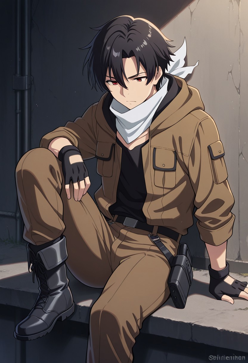masterpiece,best quality,amazing quality, source_anime, 
ShineiNouzen, 1boy, male focus, solo, red eyes, black hair, neckerchief, shirt, black shirt, jacket, brown jacket, hood, gloves, black gloves, fingerless gloves, pants, brown pants, holster, boots, black footwear, sitting