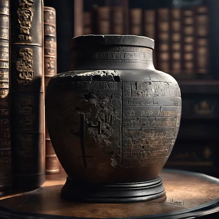 cinematic photo vase with glyphs and inscriptions, pbr texture old stone, wooden study with library  room, (masterpiece,best quality:1.6),Fearful, Contax G1/G2 Camera ,film camera, , cracked sandstone weathered, dark, simple background
 <lora:sandstone-SDXL-m:1> . 35mm photograph, film, bokeh, professional, 4k, highly detailed