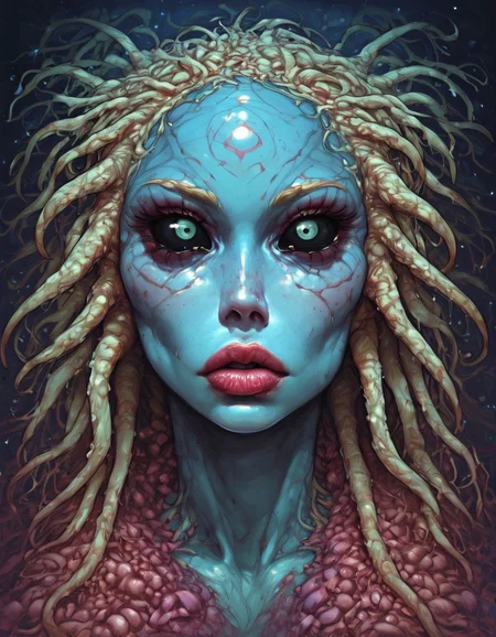 score_9, score_8_up, score_7_up, score_6_up, Expressiveh, very aesthetic, highly detailed, intricate, g0thicPXL, d3t51l3dXLP, s1_dram, eyedetailxl, bettereyes, detailed_eyes, by boris valejjo, by serpieri, close-up portrait, solo female alien, tentacle hair, compound eyes, large eyes, tiny nose, puffy lips, colored skin, turquoise, prominent cheekbones, black sklera, <lora:Pony\cutesexyrobutts_style_xl_goofy.safetensors:0.5:0.5> <lora:Pony\Concept Art Twilight Style SDXL_LoRA_Pony Diffusion V6 XL.safetensors:0.35000000000000003:0.35000000000000003> <lora:Pony\Boris_Valejjo_Style-000003.safetensors:0.7000000000000001:0.7000000000000001> <lora:Pony\S1_Dramatic_Lighting_v2.safetensors:0.3:0.3> <lora:Pony\d3t41l3dXLP.safetensors:0.7000000000000001:0.7000000000000001> <lora:Pony\Concept_Eye_Detail_-_Pony-000001.safetensors:0.6:0.6> <lora:SDXL\mkXLlokr8f-000186.safetensors:0.6:0.6> <lora:Pony\Expressive_H-000001.safetensors:1.0:1.0>