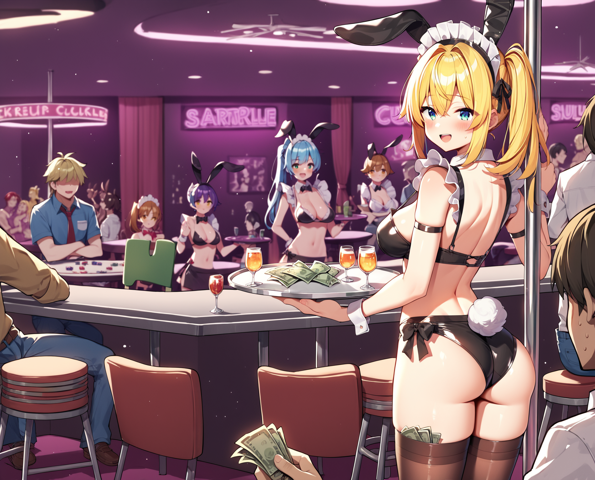 score_9, score_8_up, score_7_up, source_anime, BREAK multiple girls, 2boys, maid, holding tray, cowboy shot, private club, midriff, bunny girls, slut, strip club, tables, chairs, stripper pole, dancing, casino, money, blush, ass, cleavage, <lora:Private_Club:1>, rating_questionable