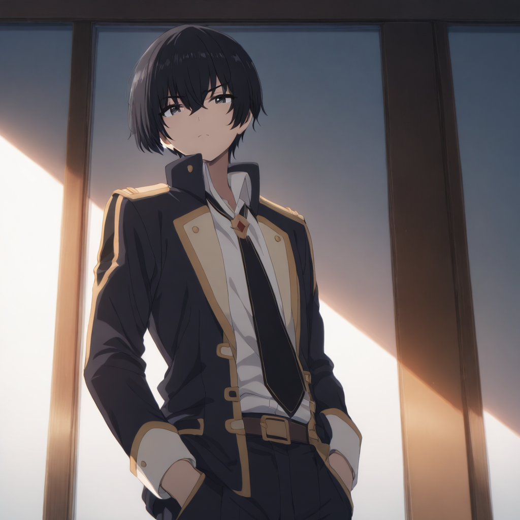 solo,looking at viewer,cowboy_shot,masterpiece,high score,great score,absurdres,<lora:CidKageno ag4o:1> 1boy, cidkageno, black hair, short hair, black eyes,school uniform,