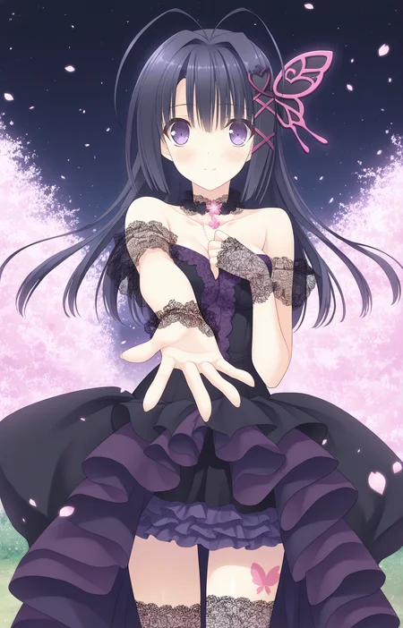 masterpiece, best quality, high quality, detailed, absurdres,newest, scenery, 1girl, solo, official style,best perspective,depth of field, very_aesthetic, best_quality ,high_resolusion, (8K:1.5),,crisp quality, ultra detailed,perfect anatomy,perfect lighting,anime screencap, perfect eyes,detailed eyes,<lora:Ookura_Risona_Illustrious_V2:1>,1girl,risona, stage risona, very long hair, black hair, purple eyes, bangs, hair between eyes, butterfly hair ornament, hair ornament, floral choker, wrist cuffs, lace wrist cuffs, fingerless gloves, strapless dress, layered dress, frilled dress, black dress, purple trim, high-low dress, long train, thigh highs, patterned legwear, butterfly tattoo, leg tattoo, x_hair_ornament, purple_x_hair_ornament, antenna_hair,
1girl,smile,closed mouth, blush, looking at viewer,reaching to viewer ,night sky,sakura,spring,japan,detailed eyes,perfect fingers,detailed hands,dark background,1girl,solo,standing, upper body,