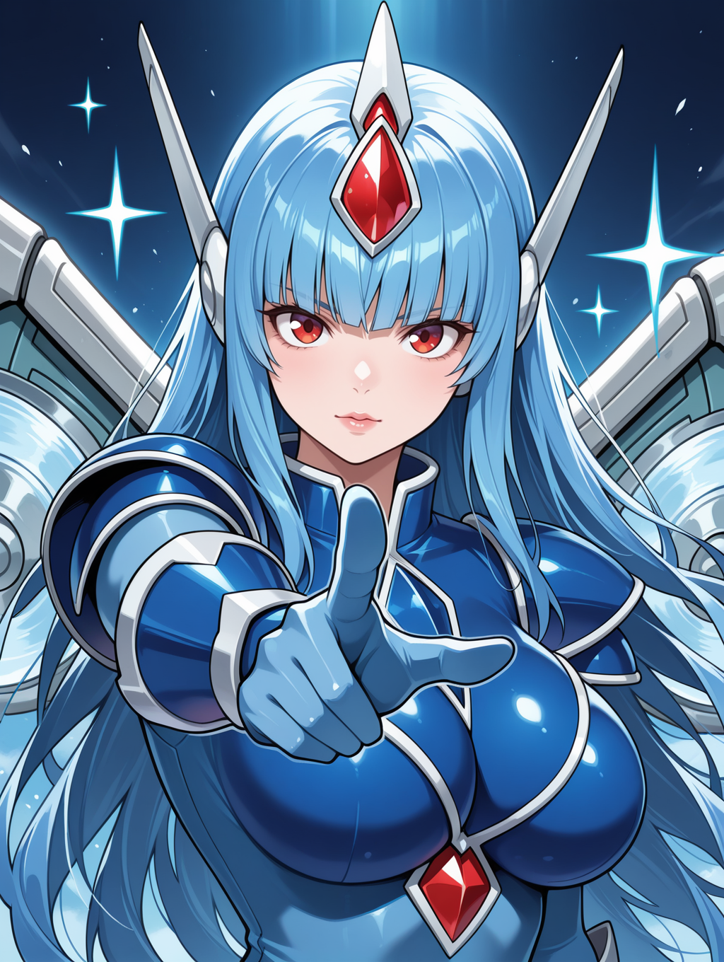 1girl,elemental hero stratos,large breasts,solo,wind,aerokinesis,upper body,pointing at viewer,looking at viewer,parody,tokusatsu,very long hair,lips,blue full bodysuit,blue shoulder armor,blue vambraces,white mechanical wings,uncle sam,sparkle,red eyes,blunt bangs,
masterpiece,best quality,amazing quality,very aesthetic,absurdres,newest,<lora:Elemental HERO Stratos illuXL v1:0.73>,
