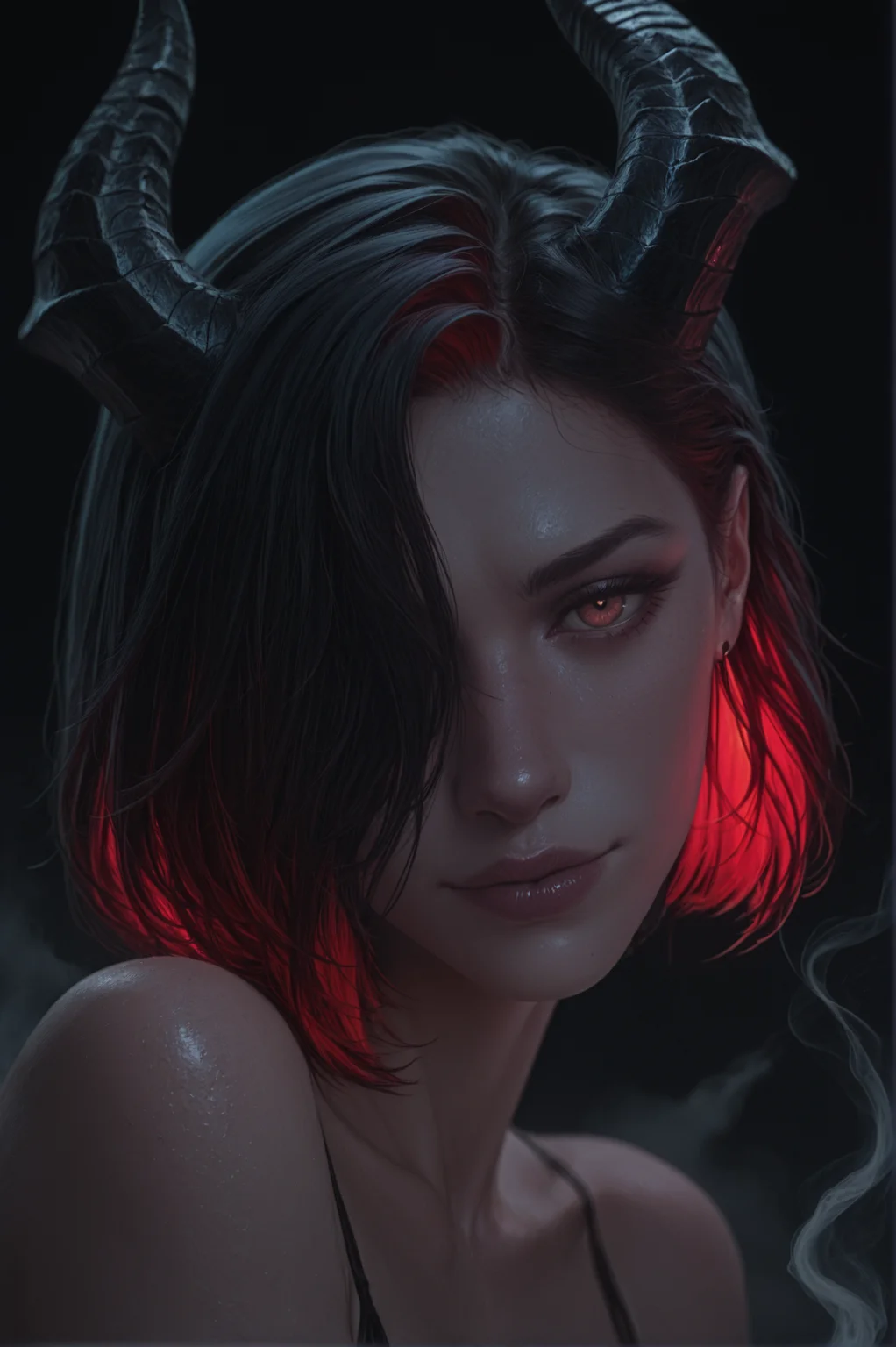 dramtic lighting,HDR,8K,high contrast,masterpiece,best quality,amazing quality,very aesthetic,high resolution,ultra-detailed,absurdres,(Aroma Sensei:0.6),by (incase:0.55),(Shexyo:0.35),(leo-dont-want-to-be-a-painter:0.9),1woman,DEMON GIRL,Colored Inner Hair,BLACK HORNS ON HEAD,(multicolored hair, (BLACK hair:1.05), (RED hair:0.95):1.05),Hair over one eye,SHORT HAIR,Orange eyes,(HEAD TILT:1.2),pink lips,half closed eyes,GLOSSY LIPS,black background,smoke background,glowing eyes.,cinematic_angle,looking at viewer,Seductive smile,stretch,bust,Vintage_Filter,Color_Splash,((((depth of field:1.1)))),<lora:aidmaImageUpgrader-v0.3-IL:0.8>,aidmaimageupgrader,