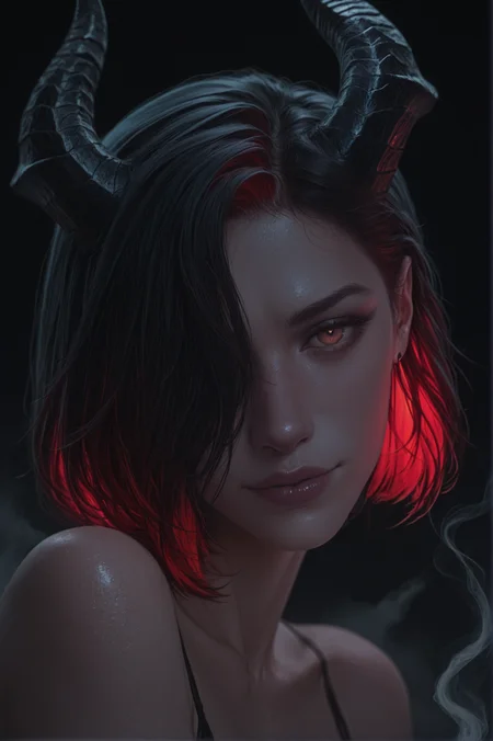 dramtic lighting,HDR,8K,high contrast,masterpiece,best quality,amazing quality,very aesthetic,high resolution,ultra-detailed,absurdres,(Aroma Sensei:0.6),by (incase:0.55),(Shexyo:0.35),(leo-dont-want-to-be-a-painter:0.9),1woman,DEMON GIRL,Colored Inner Hair,BLACK HORNS ON HEAD,(multicolored hair, (BLACK hair:1.05), (RED hair:0.95):1.05),Hair over one eye,SHORT HAIR,Orange eyes,(HEAD TILT:1.2),pink lips,half closed eyes,GLOSSY LIPS,black background,smoke background,glowing eyes.,cinematic_angle,looking at viewer,Seductive smile,stretch,bust,Vintage_Filter,Color_Splash,((((depth of field:1.1)))),<lora:aidmaImageUpgrader-v0.3-IL:0.8>,aidmaimageupgrader,