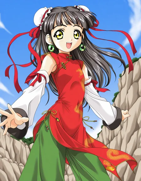 general,highres, ultra-detailed,very aesthetic,best quality ,best hands, BREAK <lora:Kounyan_Spiral_NAMI_IS:1>Kounyan, black hair, long hair, double bun, hair bun, bun cover, yellow eyes, ribbon, earrings, flat chest, green jewelry, chibi,
1girl, solo, chinese clothes, china dress, red dress, open mouth, long hair, smile, detached sleeves, green China pants,
rocky place, blue sky, aura, aura effect,