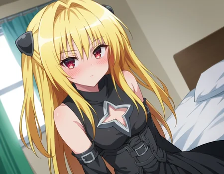 score_9, score_8_up, score_7_up, source_anime,
toloveruyami, <lora:golden-darkness-ponyxl-lora-nochekaiser:1>,
yami, yellow hair, long hair, red eyes, hair ornament, two side up,
sleeveless, detached sleeves, dress, black dress, black skirt, clothing cutout, cleavage cutout,
indoors, bed, bed room, on side, blush, drunk,
looking at viewer, cowboy shot, dutch angle, dynamic pose,