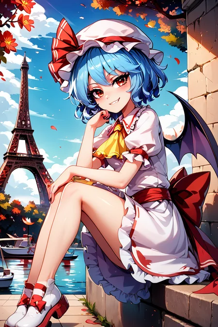 score_9, score_8_up, score_8, medium breasts, (curvy), cute, eyelashes, BREAK, , zzRemilia, red eyes, blue hair, short hair, hat, ribbon, wings, ascot, hat ribbon, bat wings, short sleeves, frills, puffy sleeves, smile, smug, <lora:Remilia_Touhou_PDXL:0.8>, BREAK, zzEiffelTower in background, sitting, watercraft, boat, sitting on wall, side view, looking at viewer, smile, ,,, BREAK, blooming stars, luminescent petals, otherworldly fragrance blurry background, ,,, embedding:zPDXL, Expressiveh, ,,, <lora:EiffelTowerPDXL:0.8>, <lora:CatalystStylePDXL:0.6>, <lora:SDXLFaeTastic2400:0.5>, <lora:Expressive_H-000001:0.4>,