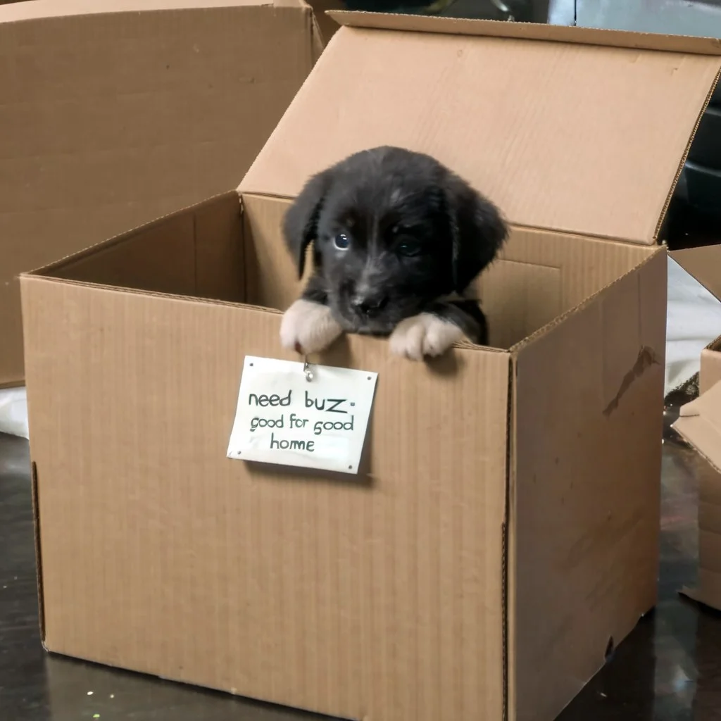 sad puppy in box with a sign saying "Need buz for good home"