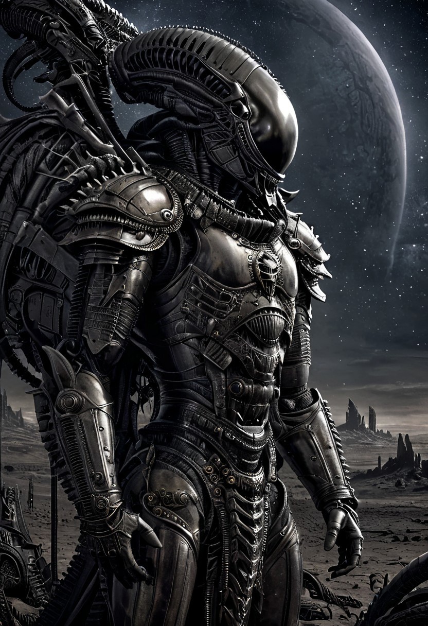 An insanely Detailed Divine Xenomorph, Golden and silver in color, a crimson tinge to the golden color, Hyperdetailed, Omnipresent, Beautiful, Sinister overtones, otherworldly,((masterpiece, best quality)), fantasy, solo, 1 alien knight, silver armor chestplate with silver medieval ornaments and runes, galactic night sky background, perfect composition, sidelighting, outdoor, in a duster standing alone in the desert, art by hr giger,