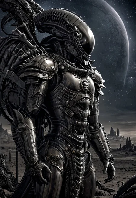 An insanely Detailed Divine Xenomorph, Golden and silver in color, a crimson tinge to the golden color, Hyperdetailed, Omnipresent, Beautiful, Sinister overtones, otherworldly,((masterpiece, best quality)), fantasy, solo, 1 alien knight, silver armor chestplate with silver medieval ornaments and runes, galactic night sky background, perfect composition, sidelighting, outdoor, in a duster standing alone in the desert, art by hr giger,