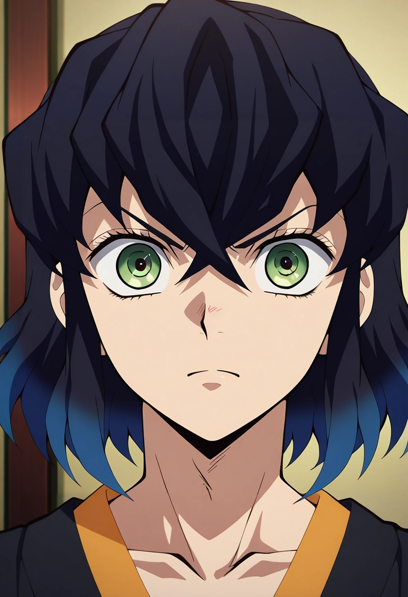masterpiece, best quality, , anime screencap, anime coloring, official style, looking at viewer, 1boy, solo, male focus, <lora:inosuke_hashibira_ilxl:0.98>, inosuke_hashibira, black hair, green eyes, blue hair, multicolored hair, bangs, short hair, hair between eyes, gradient hair, two-tone hair, , ,