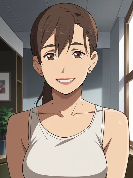 <lora:Mari_Kusakabe-Tokyo_Magnitude_8.0:0.9>,Mari,mature female,1girl,solo,brown hair,brown eyes,ponytail,earrings,tank top,upper body,looking at viewer,indoors,smile
