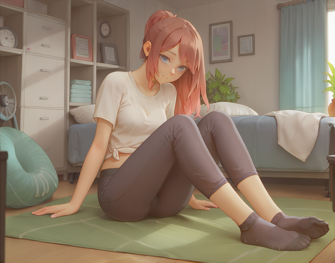 score_9, score_8_up, score_7_up, score_6_up, score_5_up, score_4_up , indoors, sitting, 1girl, solo, yoga pants, shirt, gradient hair, brown hair, red hair, grey eyes, medium breasts, ankle socks,  <lora:bartolomeobari_style_PONYXL:1>
