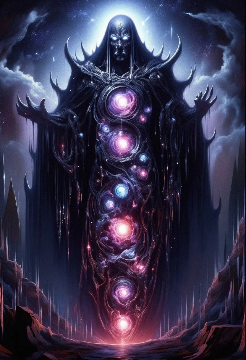 A massive dark cosmic silhouette demonic god of knowledge wisdom and madness:1, chaos god, lord of the abyss, Multiple glowing eyes:3, cosmic, dark energy , glowing eyes, extra eyes, horror \(theme\) ,( dark silhouette:1.2), magic, glowing entropymagic, fantasy, dissolving, decay<lora:dark_fantasy_flux:0.83> <lora:FredFraiStyle-FLUX-Share:0.63> <lora:sxz-Dark-Fantasy-v2-Flux:0.33> drkfnts style, CosmicStyle