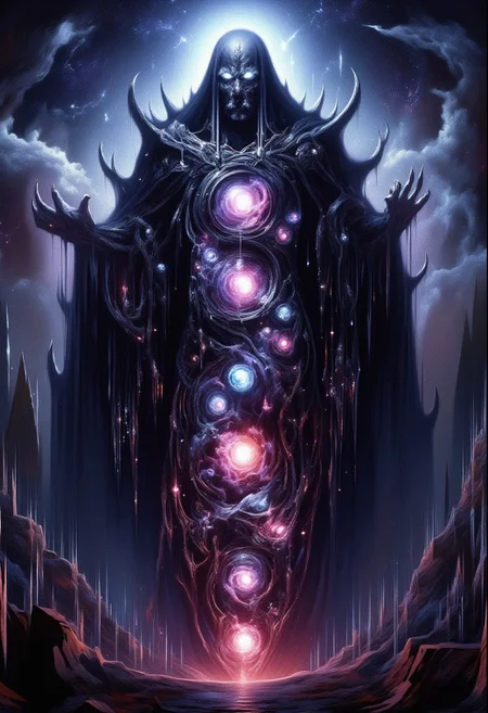 A massive dark cosmic silhouette demonic god of knowledge wisdom and madness:1, chaos god, lord of the abyss, Multiple glowing eyes:3, cosmic, dark energy , glowing eyes, extra eyes, horror \(theme\) ,( dark silhouette:1.2), magic, glowing  entropymagic, fantasy, dissolving, decay<lora:dark_fantasy_flux:0.83> <lora:FredFraiStyle-FLUX-Share:0.63> <lora:sxz-Dark-Fantasy-v2-Flux:0.33> drkfnts style, CosmicStyle
