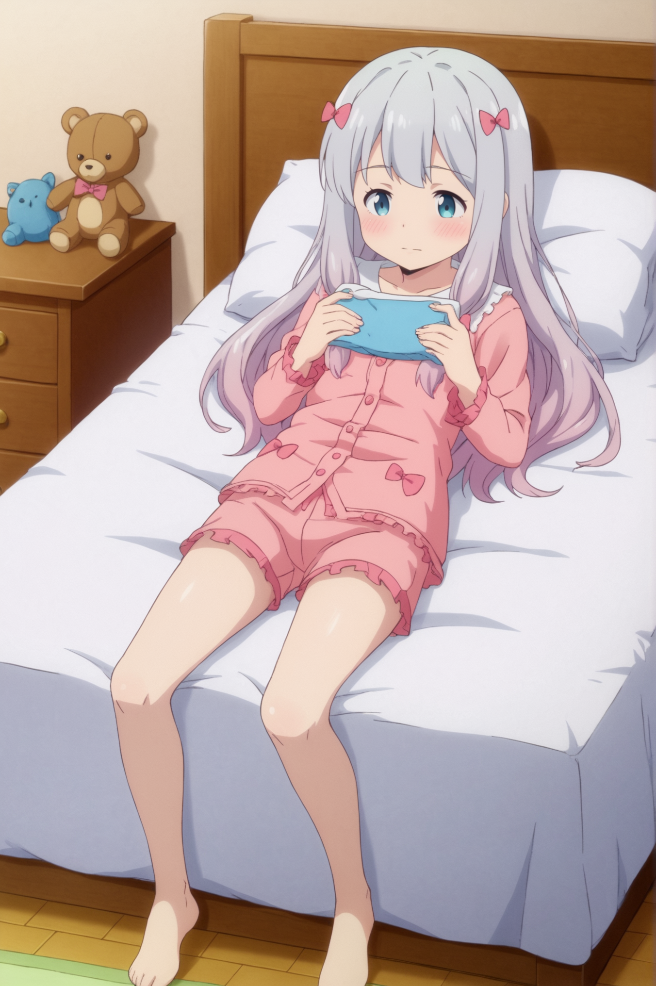 <lora:Sagiri_Izumi:0.7>  Sagiri Izumi, 1girl, solo, blush, holding, bow, lying, shorts, barefoot, indoors, on_back, pillow, bed, on_bed, stuffed_toy, stuffed_animal, pink_bow, teddy_bear, pajamas, bedroom, pink_shorts, pink_pajamas <lora:sdxl_lightning_4step_lora:1>