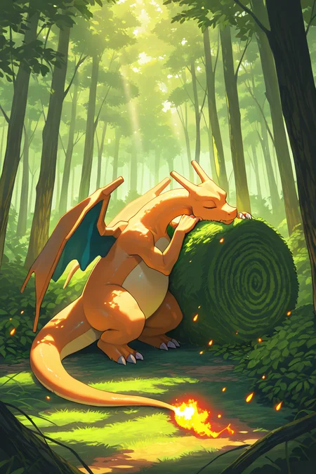 masterpiece, best quality,   <lora:CharizardPokedexIXL:1.0>,   Charizard, no humans, solo,   (sleeping), standing in a lush forest clearing, wings folded, calm expression, glowing embers floating around, sunlight filtering through the trees, peaceful and majestic, soft lighting, detailed and vibrant
