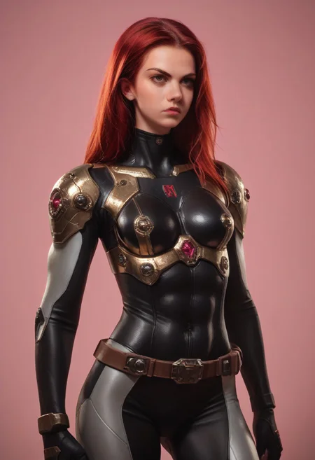 Masterpiece, score_9, score_8_up, ultra-detailed, source_anime, source_cartoon, 1character, solo, female soldier, highly detailed power armor, sleek metallic suit, brass and bronze tones, sci-fi tactical armor, standing pose, short red hair, serious expression, looking to the side, realistic face, toned arms, slim athletic build, highly detailed armor plating, mechanical elements, shoulder armor, joint detailing, black undersuit with tactical lining, detailed compact belt, futuristic atmosphere, cinematic lighting, warm dramatic shadows, glossy reflections on metal, realistic proportions, realistic textures, feminine yet muscular physique, soft facial details, highly detailed mechanical suit, glowing light reflections, standing in neutral posture, tactical readiness, soft but stern gaze, armor with intricate details, high-tech bodysuit, sci-fi theme, Fallout 76 inspired armor, worn armor, padded armor, abs
pink background, gradient background, peach background