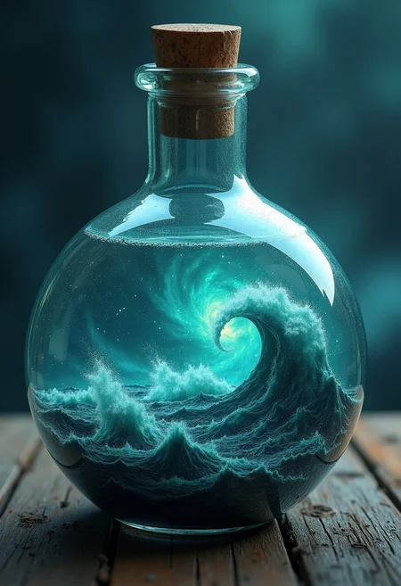 highly detailed image of a galaxy mixed with a raging ocean ,ethereal, grim,intricate design and
details, encapsulated inside of a big round lab bottle, extremely high quality image, HDR, fantasy, photo Centered in Perfect Composition, Complex Details Showing Unique and epic Elements, Very Detailed Digital Painting, Dramatic Lighting, Very Realistic, dark space, turquoise hue