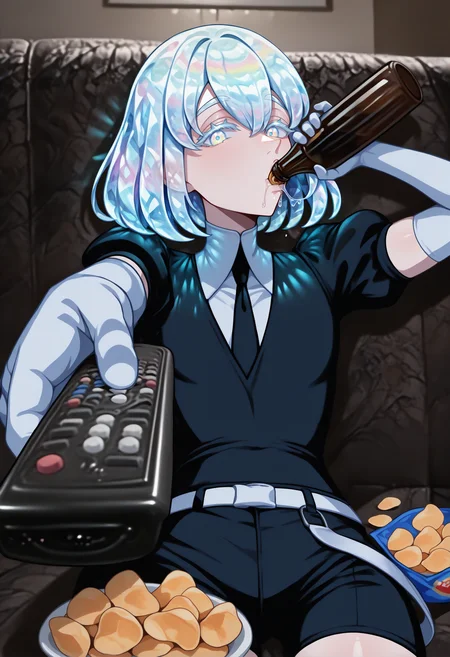masterpiece, best quality, newest, absurdres, highres, 1girl, sitting, holding bottle, holding remote control, controller, on couch, drinking, looking at viewer, food,
<lora:ManWatchingTVMeme_illusXLNoobAI_Incrs_v1-000012:1>, <lora:Hoseki_LandOfTheLustrous_Diamond_IllustriousXL_v1_973550:1> 1other, d1am0nd, white skin, crystal hair, colored eyelashes, multicolored eyes, multicolored hair, short hair, hair between eyes, black shirt, puffy short sleeves, white collared shirt, black necktie, elbow gloves, white gloves, black shorts, white belt, potato chips, chips \(food\), spilling, saliva, dirty clothes,