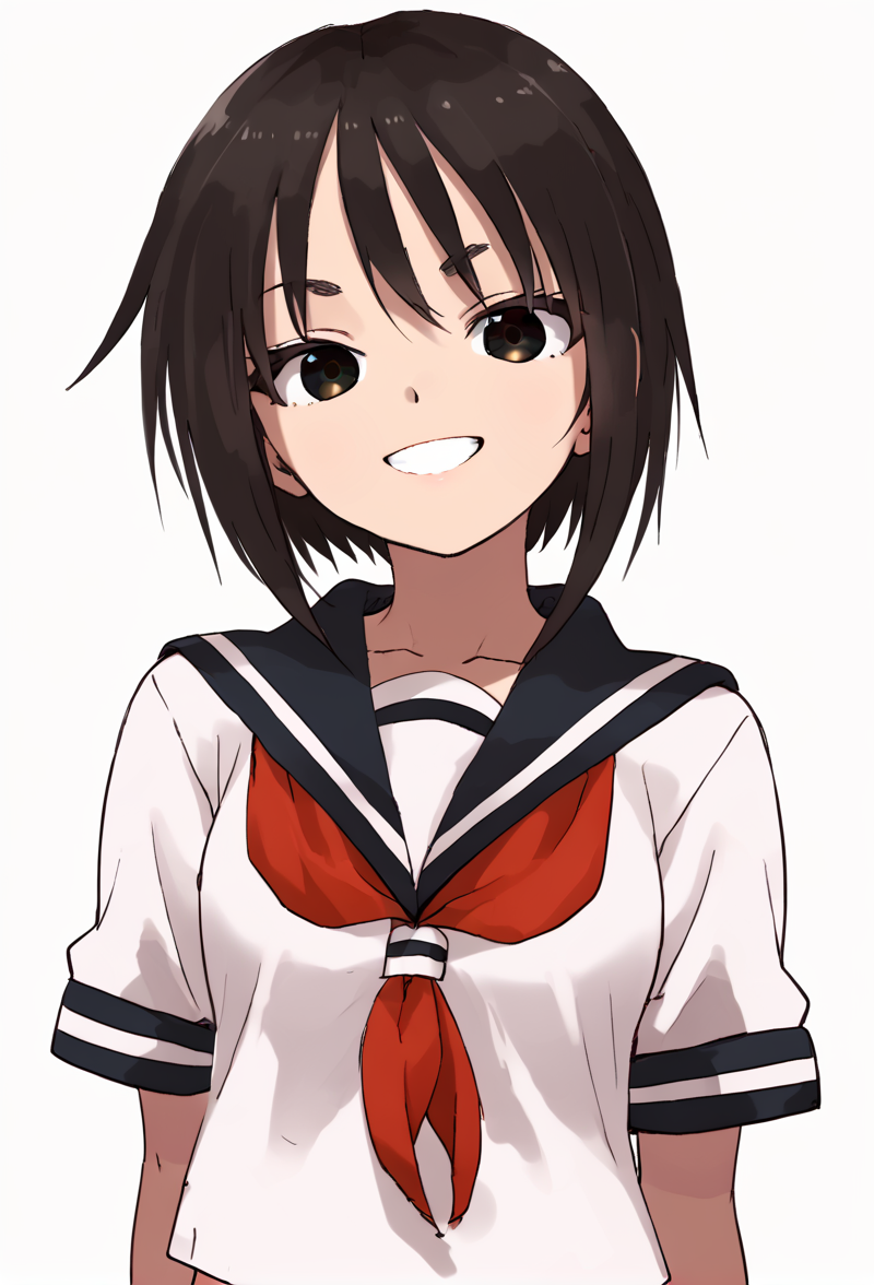 <lora:kagawaRin:1> kagawaRin, solo, looking at viewer, serafuku, smile, white background,