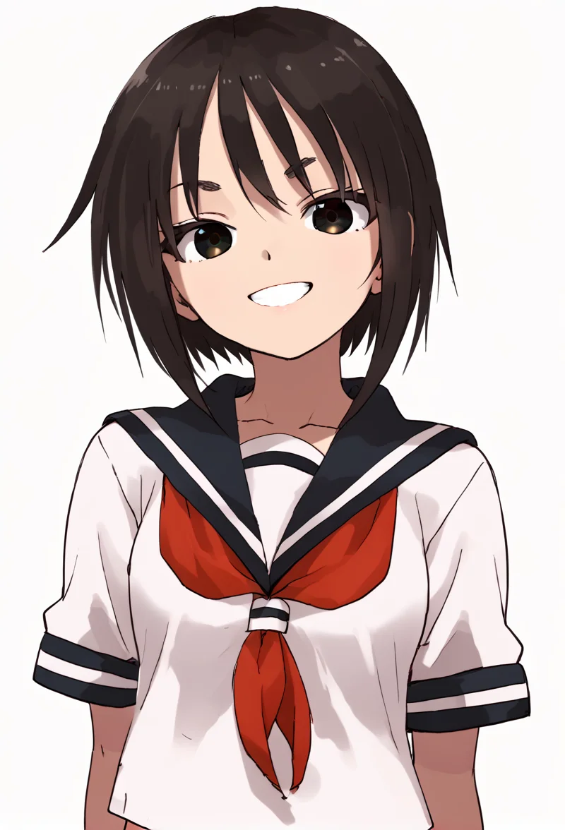 <lora:kagawaRin:1> kagawaRin, solo, looking at viewer, serafuku, smile, white background,