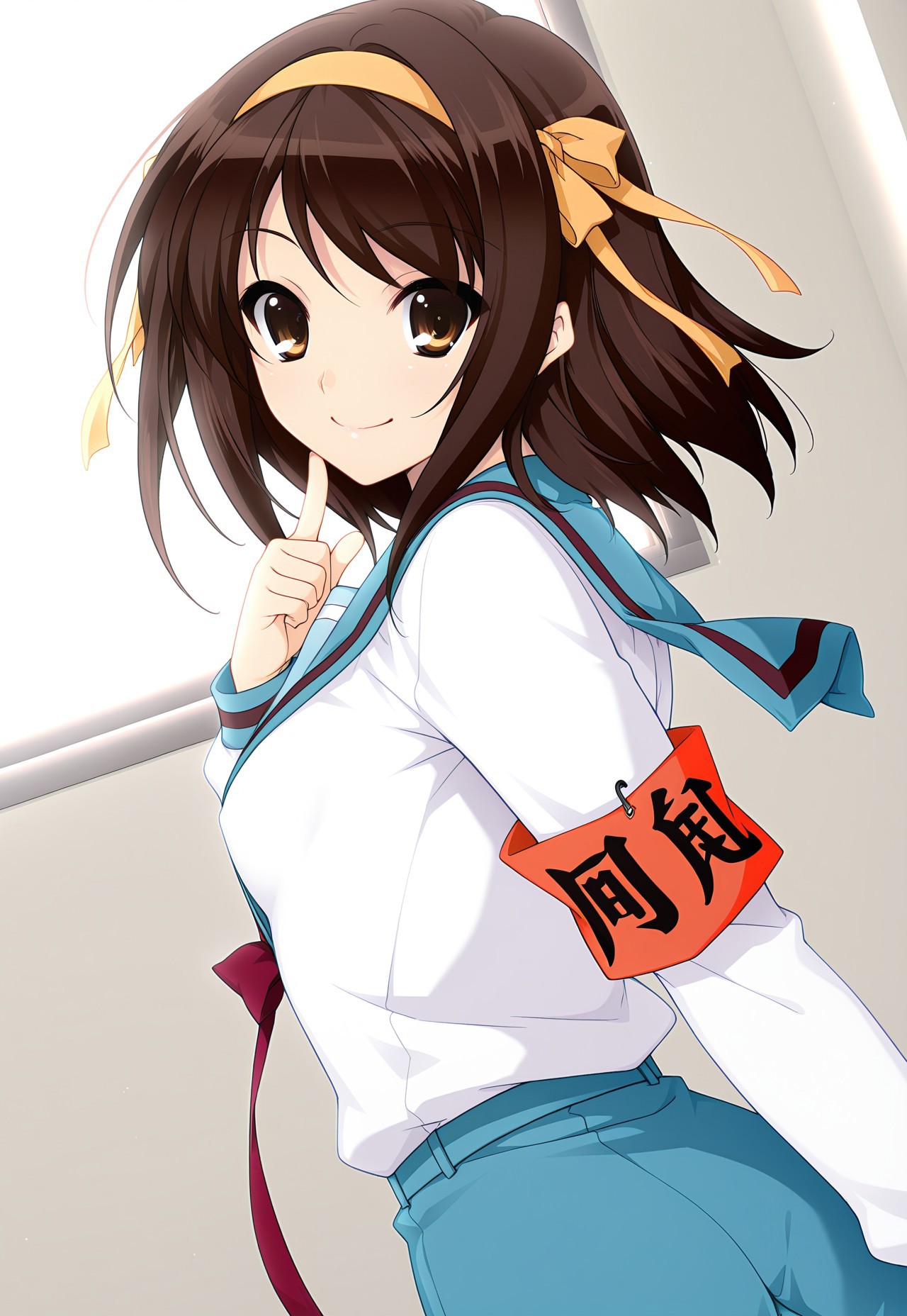 masterpiece,best quality,amazing quality,
1girl,,L_Cation2,haruhi suzumiya,\(The Melancholy of Haruhi Suzumiya©\),fair skin,(Chesnut Eyes),"brunette hair,medium hair,floating hair","hairband,hair ribbon,orange-yellow headband with ribbons",small breasts,"kita uniform,winter uniform,school uniform,blue sailor collar,serafuku,blue skirt,white vest,white sleeves,long sleeves,red_ribbon","comic red armband,detailed armband,perfect armband",white_background,simple_background,upper_body,looking_at_viewer,standing,smile,finger to own chin,looking_back,from behind,from_back,dynamic_angle,cinematic_angle,dutch angle,


