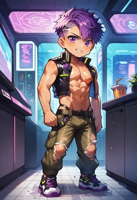 score_9, score_8_up, score_7_up, score_6_up, masterpiece, uncensored, best quality, amazing quality, best aesthetic, absurdres, intricate details, source_anime, yaoi, gay, full body BREAK 1boy, 18 years old, purple hair, short hair, bangs, purple eyes, techwear jacket, revealing clothes, pecs, nipples, ripped cargo pants, utility belt, neon sneakers BREAK dynamic pose, sweat, wet, smirk, looking at viewer BREAK arcade, cyberpunk, indoors, neon sign, cabinet, ch3b3sq4at