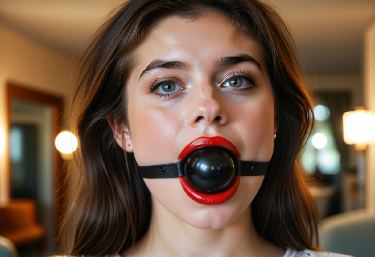CyberRealisticPony_POSV1, a beautiful woman, brunette, close-up, girl next door, baggy clothes, interior, film grain, retro, (bokeh:1.3), Porta 160 color, shot on ARRI ALEXA 65, sharp focus on subject, Fujifilm XT-3 .(large wide black ball gag in the mouth))  (large wide black ball gag in the mouth)) extreme close-up of the face, vivid red lipstick