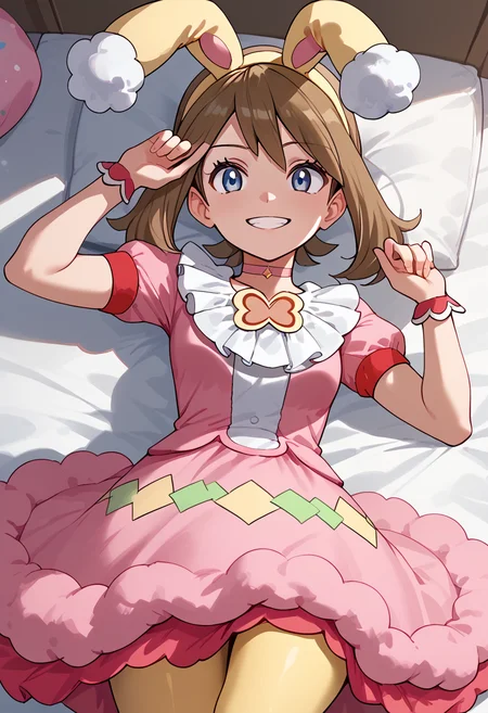 Lying with one hand under the cheek, looking at viewer, smile, <lora:MayORASPony:1> May_Spr, medium hair, brown hair, yellow hairband, fake animal ears, blue eyes, pink choker, frilled collar, pink dress, short sleeves, wrist cuffs, yellow pantyhose,, score_9, score_8_up, score_7_up, score_6_up, score_5_up, score_4_up,