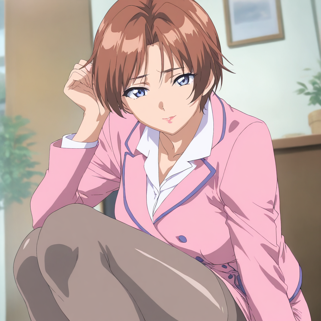 solo,looking at viewer,masterpiece,high score,great score,absurdres,anime coloring,<lora:Ayano_Kashiwagi ag4o v1:1> ayano_kashiwagi, brown hair, short hair, blue eyes, mature_female,skirt suit,long sleeves,pantyhose,