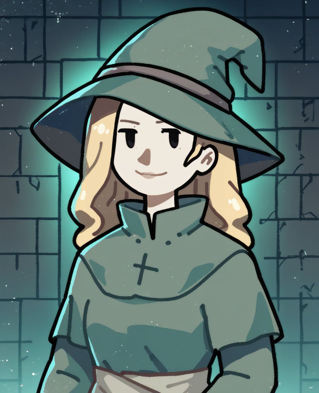 score_9,score_8_up,score_7_up,score_6_up,score_5_up,score_4_up,
1girl,standing,blonde hair,black eyes,light smile,no sclera,
looking at viewer,
mage,green robes,hat,
standing,upper body,
night,dungeon,
<lora:DiceFoldXL-12v6MX:1>,