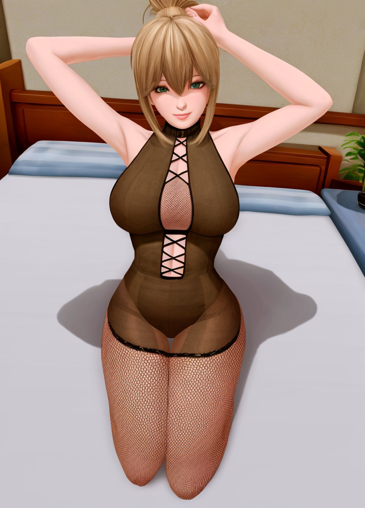 <lora:Harem_Hotel_Emma-30:0.6>, Harem_Hotel_Emma, 1girl, arm up, bare shoulders, blonde hair, green eyes, breasts, brown hair, fishnet pantyhose, fishnets, indoors, large breasts, lips, looking at viewer, on bed, pantyhose, pillow, plant, seiza, shadow, long hair, smile, solo, ponytail,