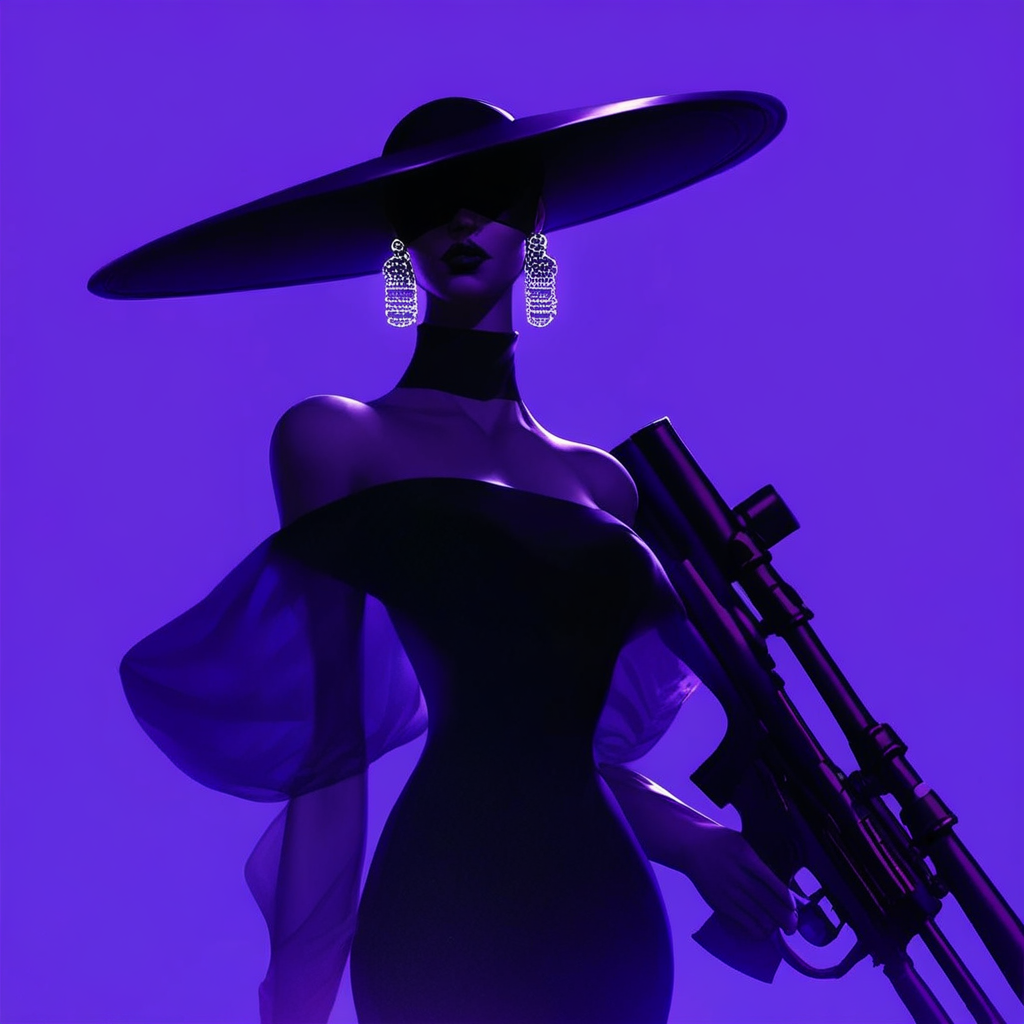 aaAR7fl,score_9,score_8_up,score_7_up,best aesthetic, intriguing details,Chanel fashion campaign, haute couture,1girl, solo, black dress, off shoulders, glowing earrings, see-through, blindfold, wide brim hat, sniper aiming, purple gradient background,