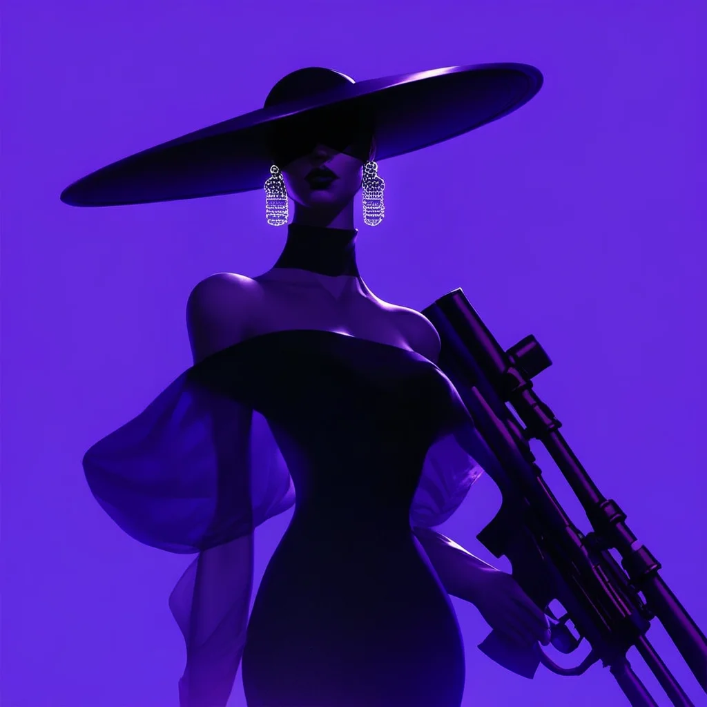 aaAR7fl,score_9,score_8_up,score_7_up,best aesthetic, intriguing details,Chanel fashion campaign, haute couture,1girl, solo, black dress, off shoulders, glowing earrings, see-through, blindfold, wide brim hat, sniper aiming, purple gradient background,