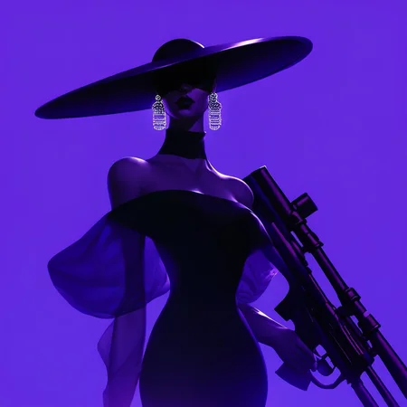 aaAR7fl,score_9,score_8_up,score_7_up,best aesthetic, intriguing details,Chanel fashion campaign, haute couture,1girl, solo, black dress, off shoulders, glowing earrings, see-through, blindfold, wide brim hat, sniper aiming, purple gradient background,