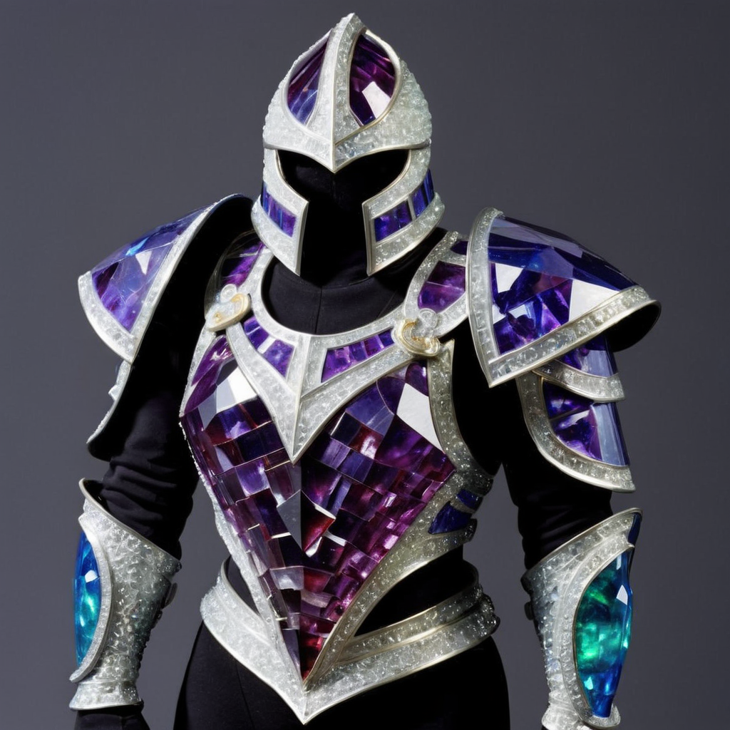 An exquisite armor crafted entirely from precious gemstones. The chestplate should shimmer with large emeralds, sapphires, and rubies intricately arranged in a mosaic pattern. The shoulder guards and gauntlets should be adorned with amethysts and topazes, reflecting light with every movement. The helmet, a masterpiece in itself, should feature a visor made of clear diamond, with opal and garnet detailing. The entire armor should exude an aura of regality and power, with each gemstone meticulously polished and set to perfection. The photograph's quality should be of high resolution, capturing the lustrous shine and intricate details of the gemstones,<lora:ggmine:0.45>,ggmine