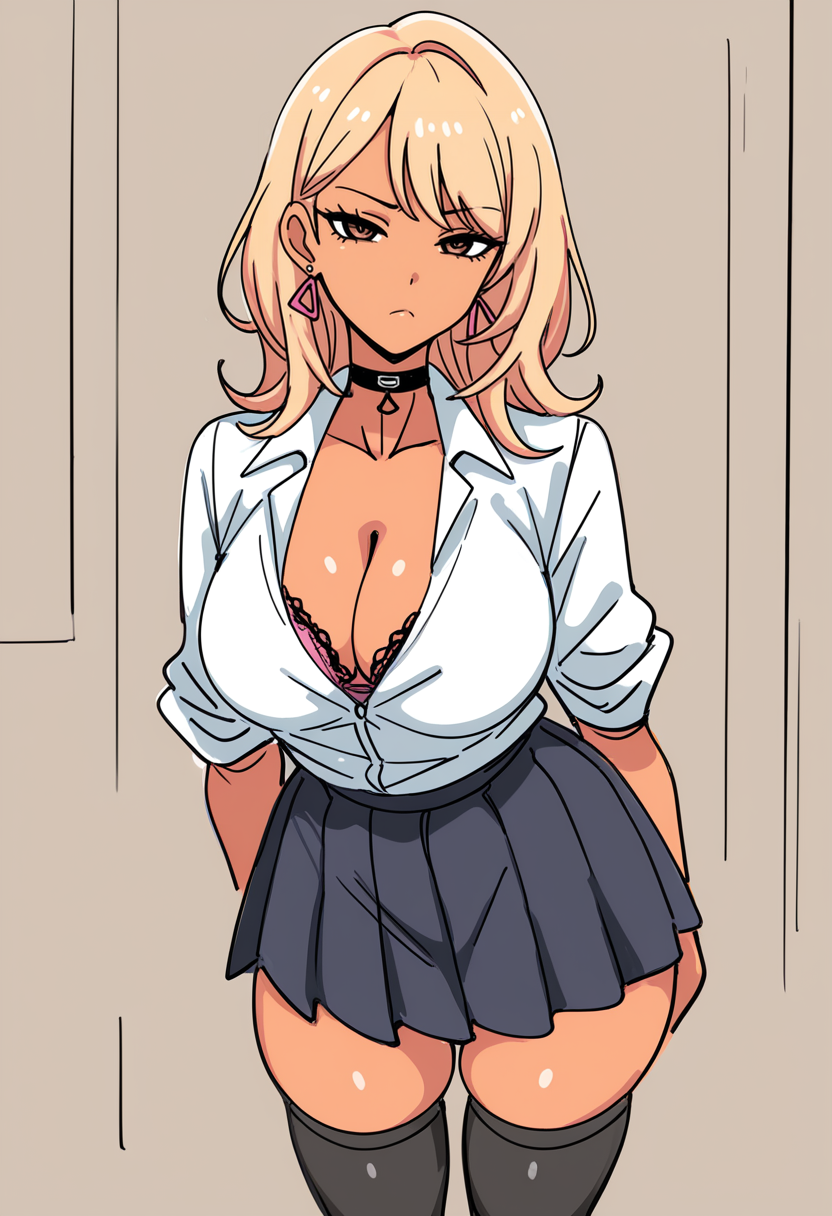 masterpiece, best quality,
1girl, solo,
tanding, looking at viewer, disdain, blonde hair, medium hair, gyaru, medium breasts, school uniform, skindentation, cleavage, skirt, thighhighs, choker, earrings, sleeves rolled up, underwear, bra,
 <lora:kandenki_Style:1> k4nd3nk1,