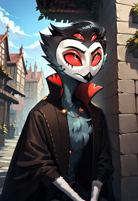 masterpiece, score_9, score_8_up, score_7_up, score_6_up, score_5_up, rating_safe, (best quality:1.1), ultra-detailed, high resolution, solo, highly detailed macro illustration, StolasGoetia, helluva boss, male, owl demon, beak, long eyelashes, outside, (((beautiful detailed eyes))), (cornering), wall, Highly Visible, sharp focus, perfect lighting, anatomically correct, extremely detailed, shine on body, town, high detail, Expressiveh, detailed background, OverallDetail, zPDXL2, <lora:Corneringv1:0.8>