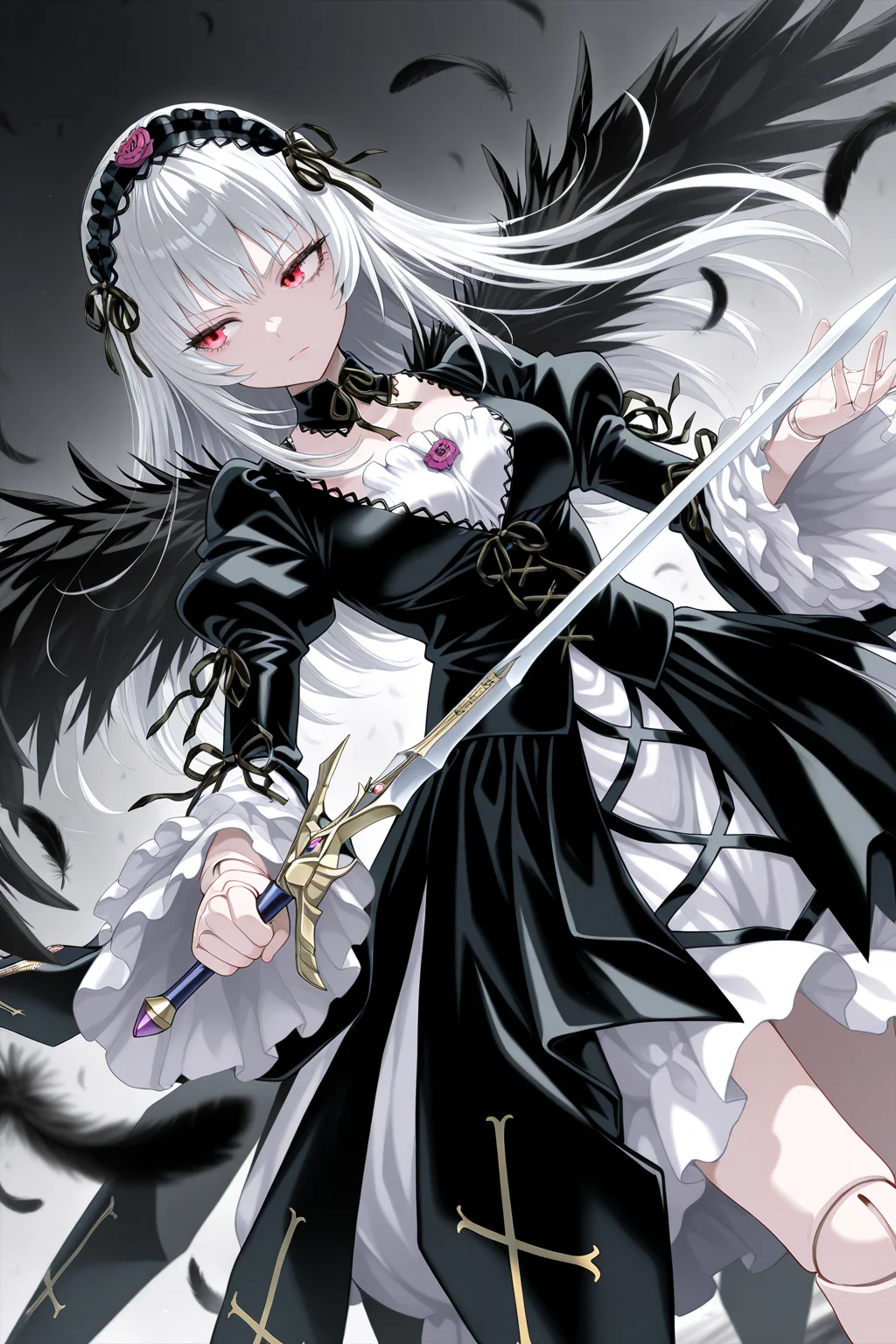 1girl, SuigintouRozenMaiden,
general, solo, dutch angle,
long hair, white hair, red eyes,
eyelashes, doll joints, pale skin,
black hairband, detached collar, black ribbon, black dress,
breasts, cleavage,
frilled sleeves, cross print,
black wings,
looking away, serious, holding sword, winged sword,
black theme, black feathers,
<lora:kp_SuigintouRozenMaidenIllustrious_v1_0:1.0>,
masterpiece, best quality, amazing quality